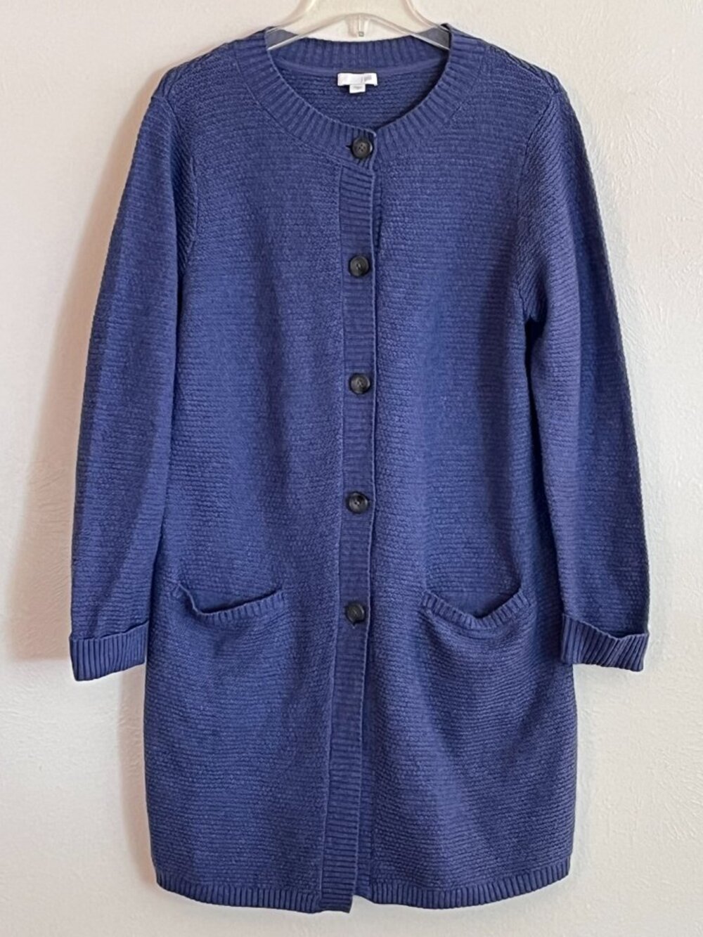 J Jill Women's Blue Knit Duster Long Button Cardigan M Pockets Coastal Cabincore